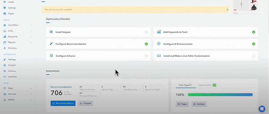 Alli AI platform showing automated SEO features for on-page optimization, keyword tracking, and site performance enhancement