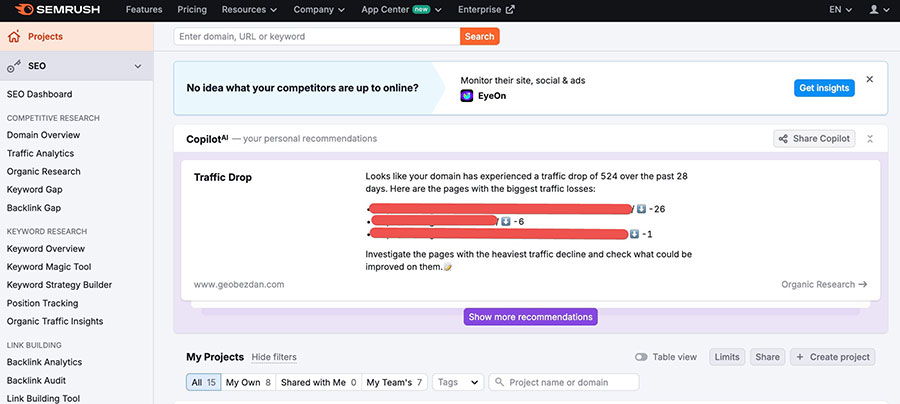 SEMrush Co-pilot AI tool offering SEO summaries and insights for tracking project performance