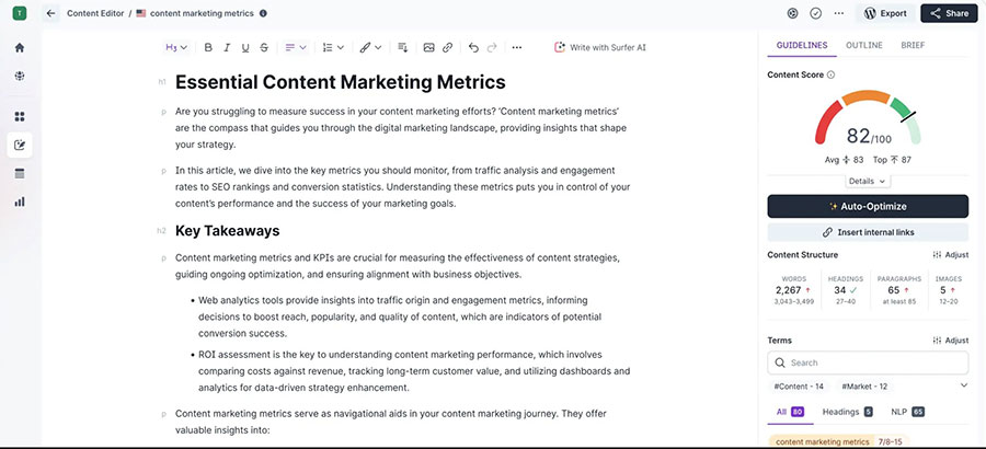 Surfer SEO platform showing content optimization features and SEO insights for improved rankings