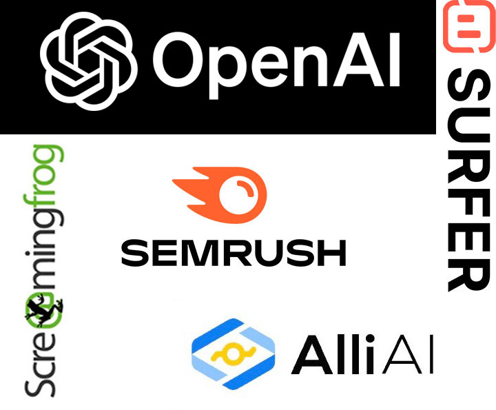 OpenAi, Screaming Frog, SEMRush, Surfer and AlliAI logo collage